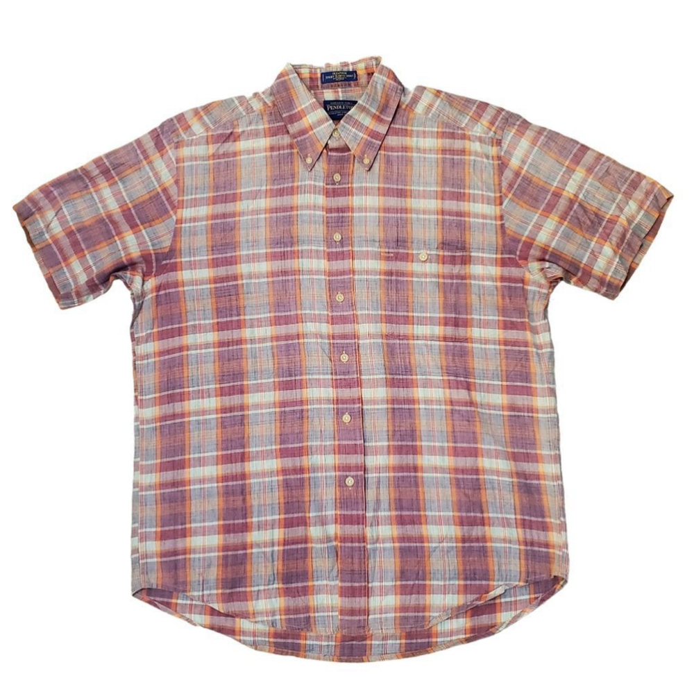 Pendleton Plaid Oceanside Short Sleeve Shirt 100% Cotton (Large) Red Orange Blue